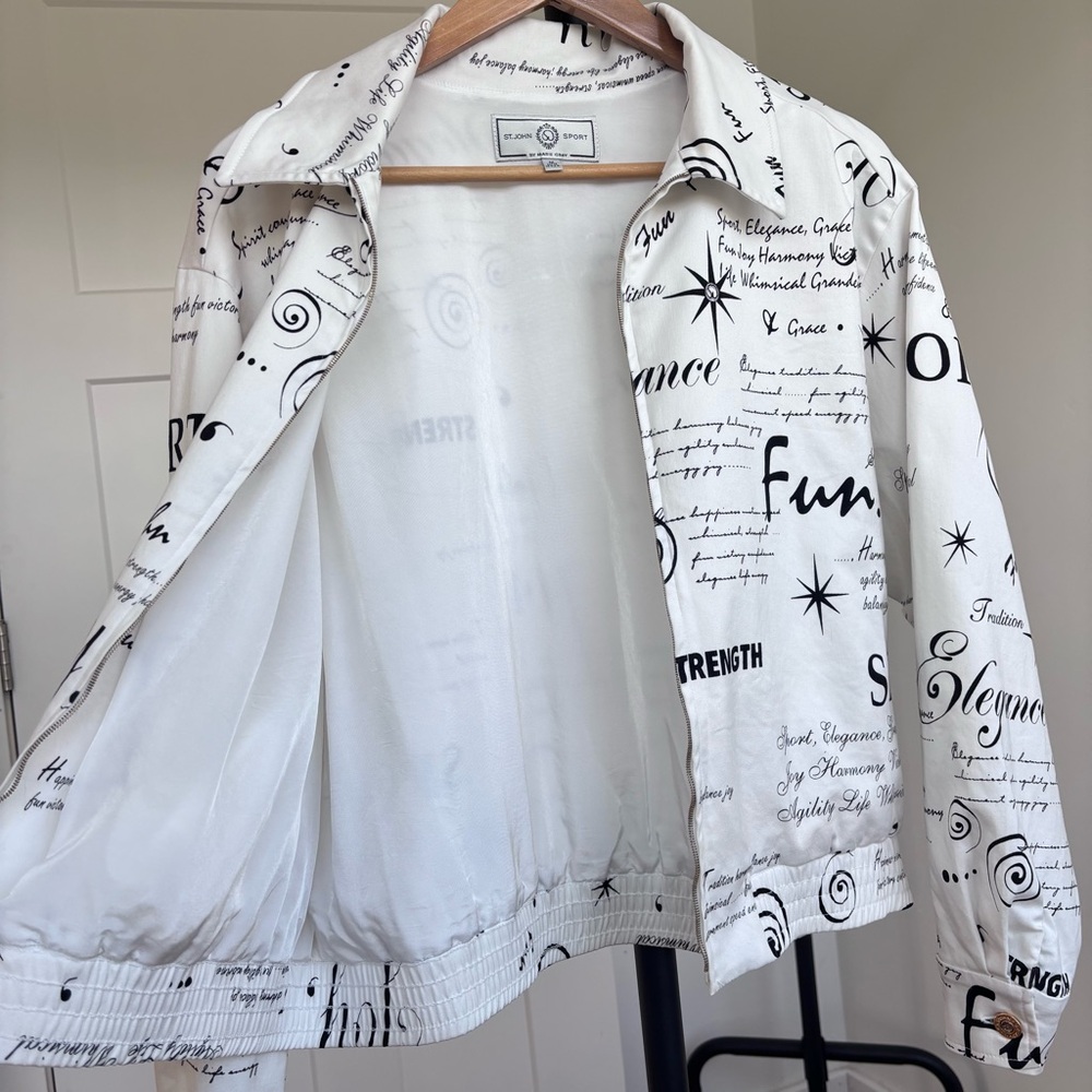 St. John Sport Jacket Women's Black White Script Bomber Full Zip Logo Lined Sz M - Picture 12 of 16